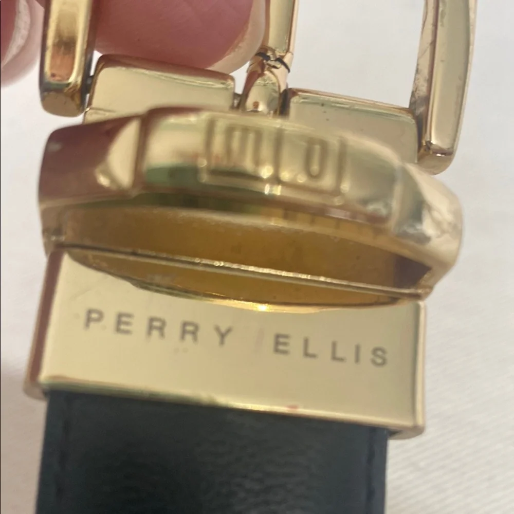 2-in-1 Perry Ellis Black/Brown Leather Belt with Reversible Gold Buckle